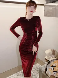Casual Dresses Spring For Women 2023 Elegant Fashion Wine Red Shiny Skinny Bodycon Dress Slit Midi Robe Party Banquet Vestidos Clothes