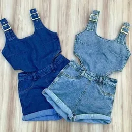 Rompers FocusNorm 04y Summer Casty Kids Girls Denim Jumpsuitsショートパンツ2色のノースリーブソリッドホローアウトプレイスーツ230608