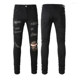 Jeans masculino de alta qualidade preto envelhecido slim streetwear para homens dano magro estiramento strass destruído patchwork jeans rasgado