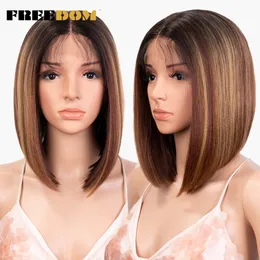 Lace Wigs FREEDOM Synthetic Lace Wigs Straight Short Bob Ombre Brown Red Wig Middle Part Lace Wigs For Black Women Highlight Cosplay Wigs 230608
