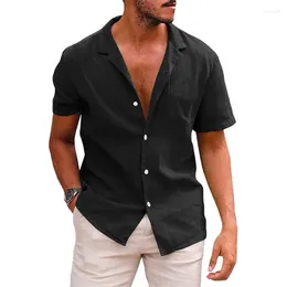 Men's Casual Shirts 2023 Summer Polo Solid Short Sleeve Shirt Button Large Men's Cotton Linen Beach Party Cool Top