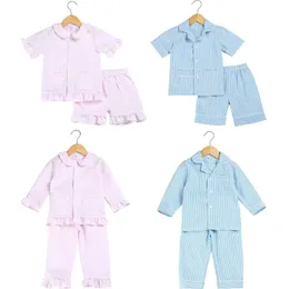 Bawełniana piżamą Stripe Seersucker Sets Letni butique domowa odzież snu dla dzieci i dziewczyna 12M 12Years Button Up PJs 230609