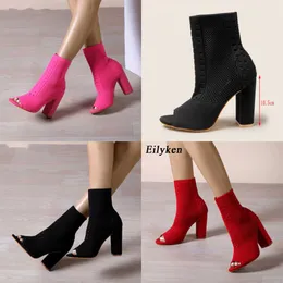 Summer Sandals Peep Toe Fashion Knitted Stretch Fabric Socks Boots Women Square High Heels Dance Chelsea Botines Shoes Spring/autumn 230511