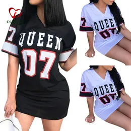 Podstawowe sukienki swobodne sukienka T Shirt Krótka sukienka Hip Hop Queen Print Długa koszulka luźna v szyja seksowna mini sukienka szata camiseta vestidos 230608