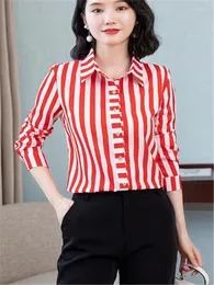 Kvinnors blusar stor storlek Silkskjorta Kvinnors bästa koreanska Slim Stripe Long-Sleeve Woman kläder Basic Office Lady Casual Business