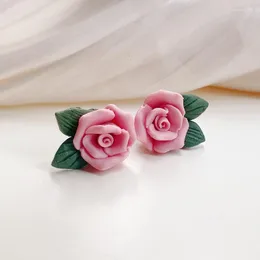 Pendientes de tuerca con flores rosas frescas para primavera y verano 2023, temperamento elegante, joyería para mujer y niña