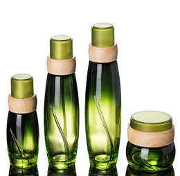 40ml 100ml 120ml 50pcs/lotグリーンガラスボトルとプレスポンプ付き緑色のガラスボトル化粧品梱包用の木製形状蓋ローションボトル