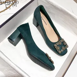 Dress Shoes Thick-Heeled High Heels Women 2023 French Green Rhinestone Buckle Square Toe Single Party Casual Pumps