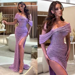 Gorgeous Lavender Evening Off Shoulder Sequins Formal Mermaid Party Prom Dress Slit Pleats Dresses For Special Ocn