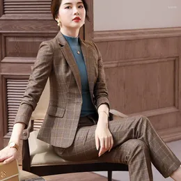 Zweiteilige Damenhose, koreanische Mode, Vintage-Stil, kariert, klassischer Blazer, langärmelig, lässig, Knopfleiste, schmale Jacke, elegantes Temperament, Hosenanzüge