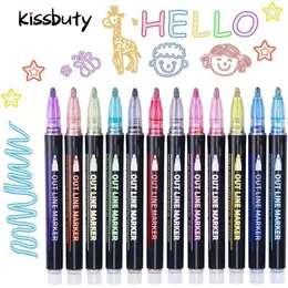 Markers 812 Colors Outline Paint Marker Glitter Pen Double Lines Art Pens Highlighter Drawing Scrapbooking Painting Doodling 230608