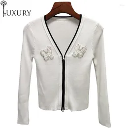 Women's Jackets Fashion 2023 Women Autumn V-Neck Sequined Butterfly Deco Long Sleeve Blue White Black Cardigan Casual Tops Coat