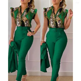 Damen Zweiteilige Hosen Frauen Casual Barock Leopardenmuster Flatterärmel Top Set mit Gürtel Weibliche Anzug Sets Outfits Sommer Arbeitskleidung