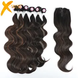 Hair Bulks X-TRESS Body Wave Hair Bundles With Middle Part Closure Soft Synthetic Hair Weave Extensions For Black Women 7PCS One Pack 230608