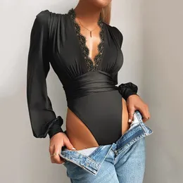 Women's Jumpsuits Rompers Winter Women Sexy Lace Puff Sleeve Red Bodysuit Blouse Solid V-Neck Black See Through Body Top Patchwork Suit 230608