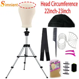 Wig Stand 22/23''Training Mannequin Head Canvas Head For Wigs Making Wig Hair Brush With T Pin Wig Install Kit Adjustable Tripod Wig Stand 230608