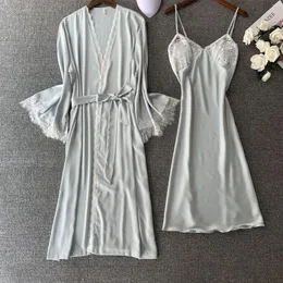 Vêtements de nuit pour femmes Dentelle Satin Patchwork 2PCS Robe de mariée Ensemble Casual Summer Nightwear Intime Lingerie Sexy Nightgown Peignoir Home Clothing