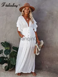 Casual Dresses Fitshinling Bohemian Deep V Neck White Long Dress Backless Ruffles Button Up Pareos Beach Cover Up Holiday Sexy Slim Maxi Robe J230609