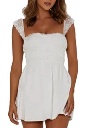 Vestidos Casuais Feminino Fairy Grunge Branco Vestido de Formatura Sexy Decote Quadrado Renda Acabamento Sem Costas Folho A Line Flare Mini (Branco M)