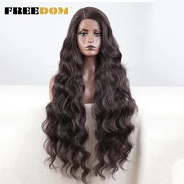 Lace Wigs FREEDOM Synthetic Lace Wigs For Black Women Super Long Body Wavy Side Part Lace Wig Brown Ombre Blue Cosplay Wigs Heat Resistant 230608