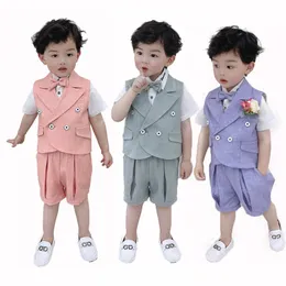 Suits Child Summer Formal Vest Set Boys Host Wedding Birthday Party Pography Costume Kids Waistcoat Shorts Bowtie Clothes 230608