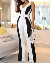 Women's Jumpsuits Rompers Spring and Summer Women's Fashion Casual Slim Striped V-neck Black and White Contrast Jumpsuit--without Belt 230608