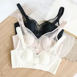 Bras Leechee 2023 Summer Nature Silk Beauty Bra Thin Mold Cup No Steel Ring Wire Free French Lace Sexy Back Cross Underwear