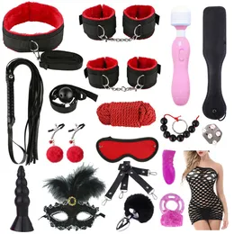 Massage BDSM Kit Handbojor Bröstvårtklämmor Spanking Paddel Vuxna Sexleksaker för par Sex Metall Analplugg Vibrator Slave Bondage Set