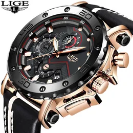 Lige Fashion Big Dial Leather Mens Watches Top Brand Luxury Quartz Watch for Men Military Waterproof Wristwatch Business Clock 230605