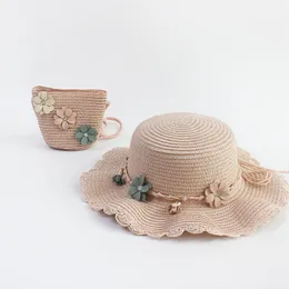 Шляпы шляпы Детская шляпа соломенная шляпа сумки для сумки для детской шляпы для девочек 2PCS Сумка Симпатичная цветочная бабочка солнцезащитная шкаф