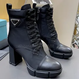 Designer Women Plaque Boots Lace Up Platform Ankle Boot Women Nylon Black Leather Combat Boots High Heel Winter Boot 7.5cm 9.5cm With Box free shipping