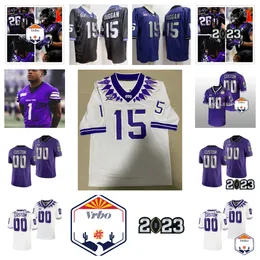 Camisa de futebol VRBO Fiesta Max Duggan TCU Horned Frogs Quentin Johnston Jordon Hudson Garrett Hayes Shadrach Banks Wes Harris Chace Biddle Marcel Brooks