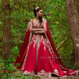 Moroccan arabic Wedding Dresses With Shawl cape Red Long Sleeve Bridal Gowns Gold lace Appliques Islamic Dubai Dress