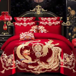 Bedding sets 4/6 luxurious dragon phoenix embroidery red Duvet cover bedding cotton Chinese style wedding bedding 230609