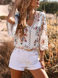 Women's T Shirts Sholine Summer Blouse Women Top Hollow Out Beach Wear Floral Print Guipure Lace Insert Trumpet Sleeve