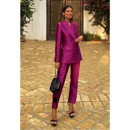 Takım elbise özel parlak pembe saten ceket kadınlar set ince fit ed lapel blazer 2pcs ceket pantolon pantolon kıyafet bayanlar kostüm 230608