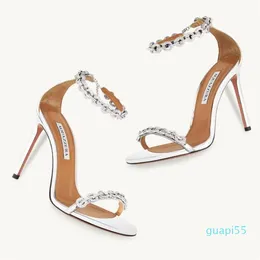 디자이너 Aquazzura Love Link Ankle Strap Sandals 신발 여성 크리스탈 펌프 파티, 드레스, 저녁 샌들 리아 EU35-43
