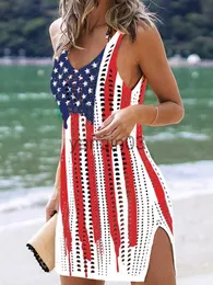 Abiti casual Bandiera americana Scava fuori fessura Crochet Cover Up Donna Summer Beach Abito senza maniche Tank 4th of July Beach Costumi da bagno Abiti 2023 J230609