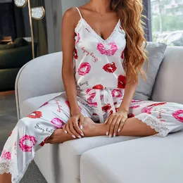 Women's Sleepwear Women's pajamas Summer Pajamas Ice Silk Satin Print Lace Pyjamas sling top long pants twopiece set Home clothes pijama mujer pj Z0608