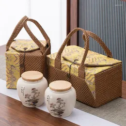 Storage Bottles Business Gift Ceramic Tea Box Vintage Cloth Empty BoxFood Kitchen ContainerTea Seal Jar With Lid