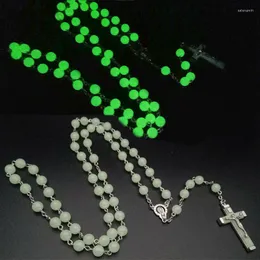 Chains Luminous Christian Catholic Cross Rosary Necklace Glowing Light In Dark Beaded Pendant Necklaces For Men Women Christians