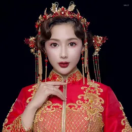 ヘアクリップジャネヴィーニ中国スタイルの赤い花のヘアピンヴィンテージ古代ブライダルヘッドドレスとイヤリング女性ウェディングジュエリーアクセサリー