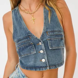 Damen Tanks Camis wsevypo Retro ärmellose Denim-Tanktops 90er Jahre Vintage Frauen V-Ausschnitt Button-Down-Crop-Tops Grunge Streetwear weibliche Jean-Weste 230608