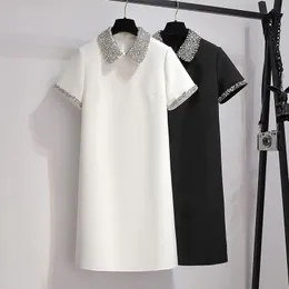 シックなスパークリングダイヤモンドビーズピーターパンカラーショートドレス女性2023夏のエレガントファッションオフィスレディシンプルTシャツ