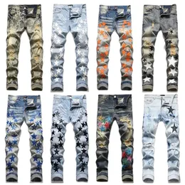 2023 Designer Mens Jeans Pants Ripped High Street Fashion Brand Pantalones Vaqueros Para Hombre Motorcycle Embroidery Trendy Long Hip Hop With Hole Blue Amiri