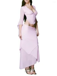 Two Piece Dress Women S 2 Summer Outfits Y2K Sexy Low-Cut Asymmetrical Hem 3 4 Sleeve Crop Tops Midi Bodycon Skirt Sets (Black S)