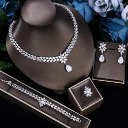 Necklace Earrings Set Elegant Women Wedding Jewellery African CZ Crystal Leaf Drop Bridal Bracelet And