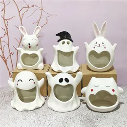 Decorative Objects Figurines Creative Cute Ceramic Flower Pot Vase Halloween Ghost Candle Holder Handicraft Ornaments Home Decoration Plant Accessories 230608