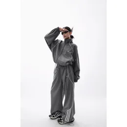 Women's Two Piece Pants Y2K windbreaker coat hooded suit skill style 2000 Korean street costume hip-hop long-sleeved sweater coat 230609