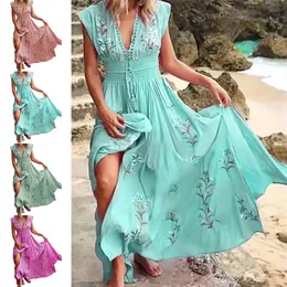 Basic Casual Dresses Womens Boho Floral Sleeveless Long Dress Ladies Fashion Casual V Neck Beach Sundress vestidos de verano mujer 230608